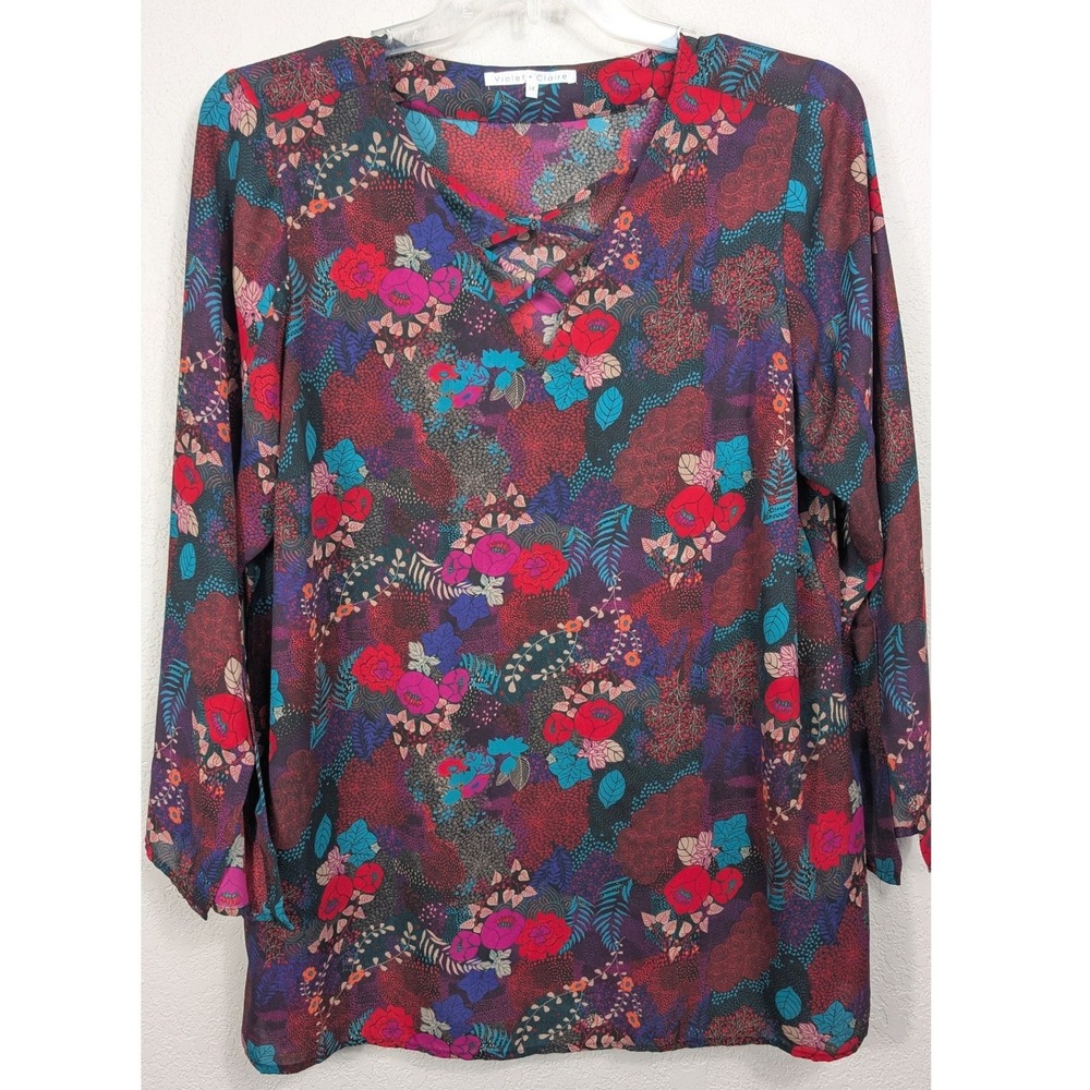 Violet Claire Womens 1X Purple Floral Print Long Sleeve V Neck Tunic Top Blouse
